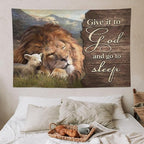yowecso Lion and Lamb Tapestry Give It To God And Go To Sleep Tapestry Wall Hanging for Bedroom Christian Religious Tapestries Aesthetic Wall Decor for Home Dorm Living Room 40"x60"