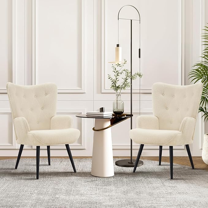 Furnimart Faux Fur White Accent Chair Mid Century Modern Living Room Chairs; Comfy Armchair Leisure Vanity Guest Wingback Chair for Office Study Vanity Bedroom Waiting Room White