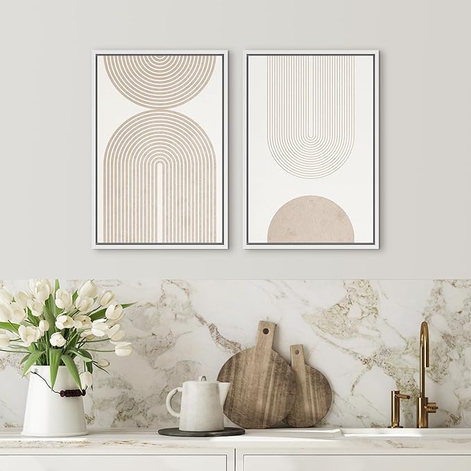 SIGNFORD Framed Canvas Print Wall Art Set Beige & White Duotone Geometric Spiral Polygons Abstract Shapes Illustrations Modern Art Decorative Minimalist Relax/Cozy for Bedroom - 24"x36"x2 White