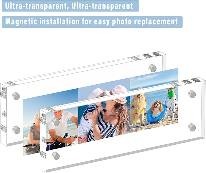 HELPLEX 3 Pack 2x6 Acrylic Picture Frames, 20mm Thicker Frameless Clear Double Sided Magnetic Frame, Free Standing Desktop Display Stand