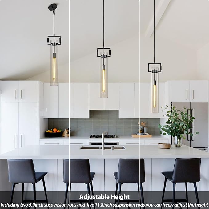 Black Pendant Lights,Modern Glass Pendant Lights Kitchen Island,21.6'' Farmhouse Kitchen Pendant Lighting Over Island for Dining Table,Bathroom,Bedroom,Included E26 Bulb
