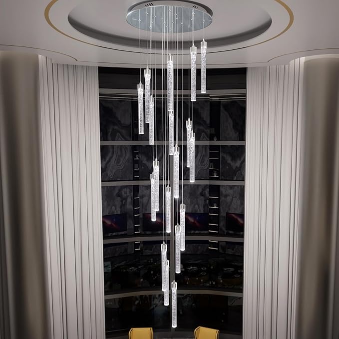 H138 High Ceiling Chandeliers for Foyer 12 Lights Crystal Bubble Column Chandelier for Living Room and Dining Room LED Pendant Lighting