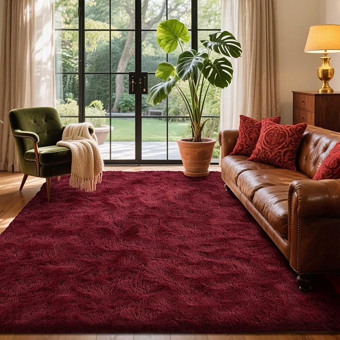 Area Rugs for Living Room, 6x9 Feet Soft Fluffy Shagg Plush Rug High Pile Large Indoor Modern Non-Slip Floor Carpet for Bedroom Nursery Girls Kids Home Room Dorm Decor Aesthetic Burgundy