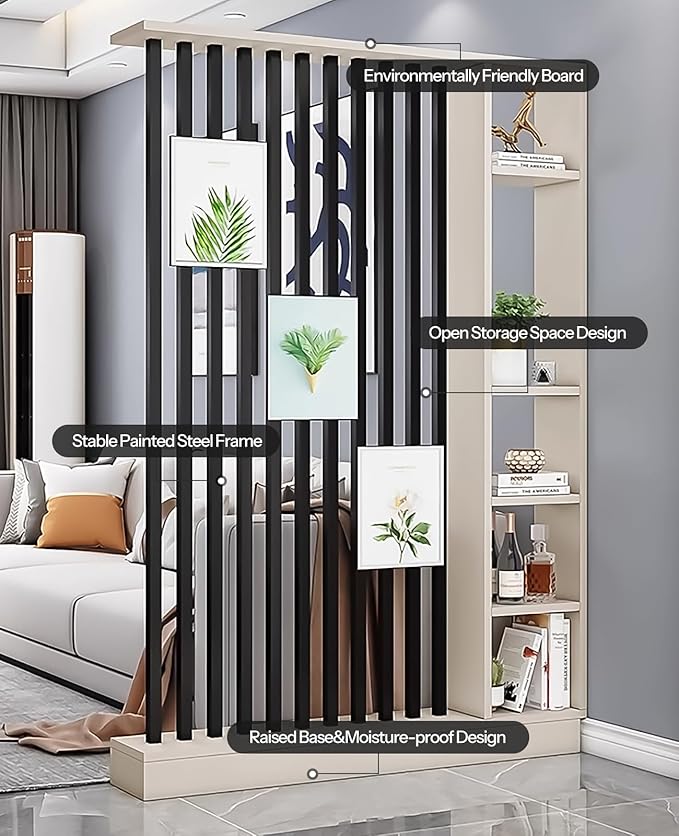 Wall Room Divider, Storage Cabinet Storage Display with Shelves, Modern Freestanding Wood Room Divider Screen, Wall Privacy Screens for Home Decorative (Beige+Black,55" L x 9.5" W x 79.5" H)