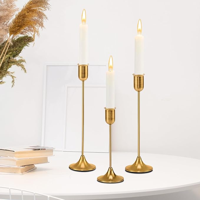 Brass Gold Candle Holder - 3 PCS Taper Candlestick Holders - Vintage Candle Stick Holders - Modern Home Decor Centerpiece - Cozy Atmosphere Gift for Home Decor, Wedding, Housewarming Gift