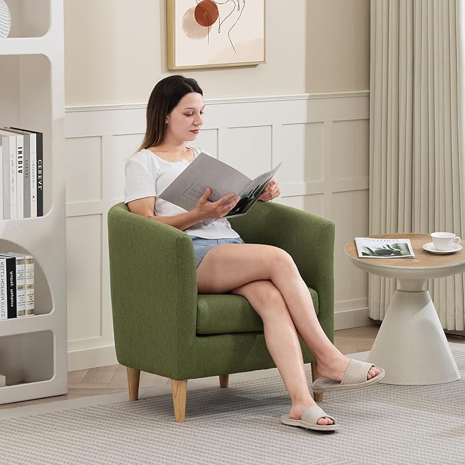 Accent Barrel Chair, Modern Comfy Living Room Chairs with Armrest Small Reading Chair with Cozy Soft Padded for Bedroom Reception Room Cafe,Green