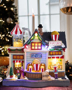Bdor Christmas Village Lighted Decoration Animated Display Musical Christmas Collectible Popcorn Factory Battery Operated Resin Indoor Decor