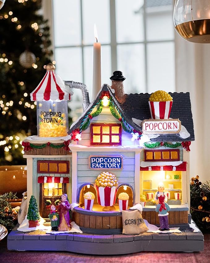 Bdor Christmas Village Lighted Decoration Animated Display Musical Christmas Collectible Popcorn Factory Battery Operated Resin Indoor Decor