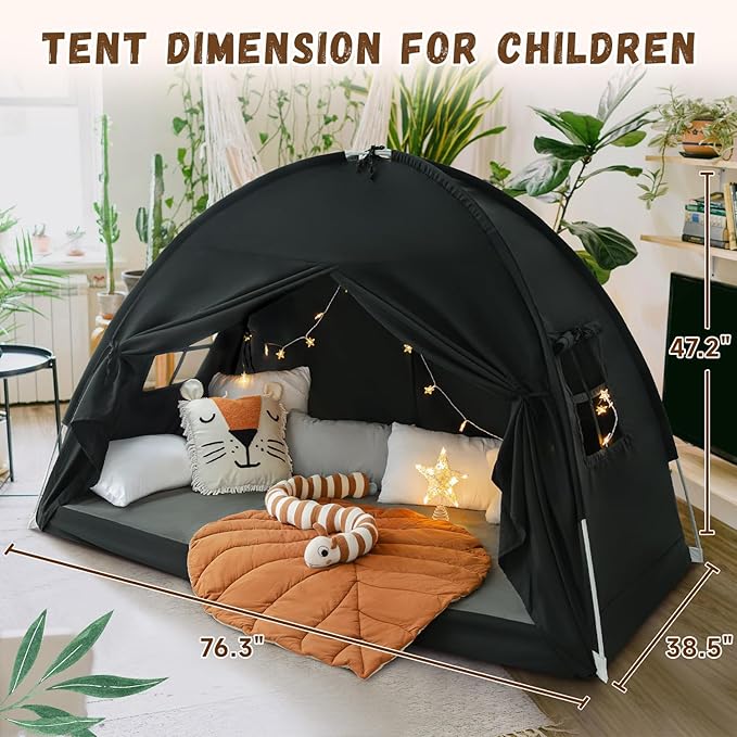 Sherilyn Twin Size Bed Canopy Bed Tents Dream Tent on Bed Privacy Space Blackout Sleeping Tents Indoor Breathable Portable Cottage Floor Drafty Room (Black)