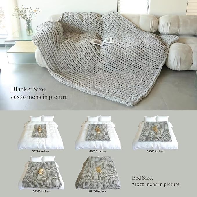 Maetoow Chenille Chunky Knit Blanket Throw （60×80 Inch）, Handmade Warm & Cozy Blanket Couch, Bed, Home Decor, Soft Breathable Fleece Banket, Christmas Thick and Giant Yarn Throws，White