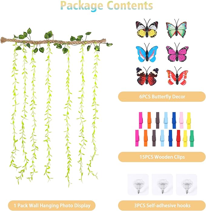 Wall Hanging Photo Display with Artificial Leaves Vines, Macrame Photo Holders, Boho Pictures Organizer for Wall Decoration, with 15 Wood Clips, for Home, Office, Classroom, Party, Wedding