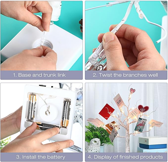 Mudder Money Holder Tree Present Card Holder with 12 Clear Clips LED Birch Twig Lights Tabletop Display Tree for Christmas, Valentines, Memo, Photo, Wedding(Trendy Style,White, Warm White)