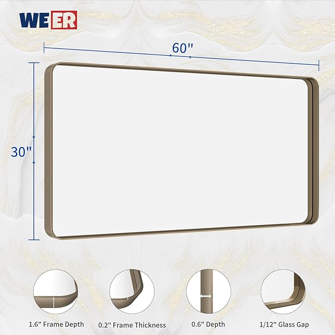 WEER 60x30 Inch Bronze Bathroom Mirror for Vanity, Brushed Bronze Metal Frame Rounded Rectangle Mirror with Tempered Glass, Anti-Rust (Horizontal/Vertical)
