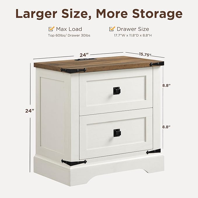 T4TREAM 24" Farmhouse Nightstand with Charging Station, Large End Table with 2 Storage Drawers, Rustic Wood Sofa Bedside Table for Bedroom, Antique White