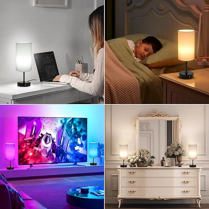 Unicozin Small Table Lamp, 3 CCT 3000K/4500K/6500K & RGB Color Changing, Stepless Dimmable Bedside Lamp for Reading, Touch Control Ambience Nightstand Light for Home Decor Party, Cream Shade