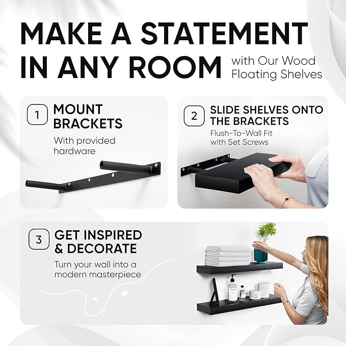 Homeforia Black Floating Shelves 24 inch, High End Solid Real Wood 24inch Bathroom Floating Shelf for Wall Mounted, Black Wooden 24in Floating Shelves, Heavy Duty Bracket, 24 X 6.5 X 1.75 in, Set of 3