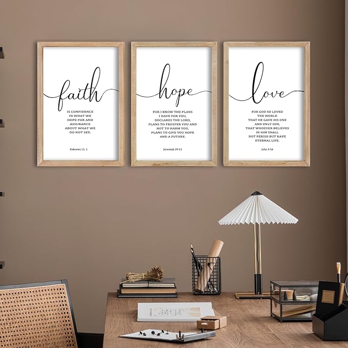 FZMHASLWW Faith Hope Love Sign Wall Decor 24"×16" Set of 3 Bible Verse Christian Scripture Wooden Framed Wall Hanging Art (Wood)