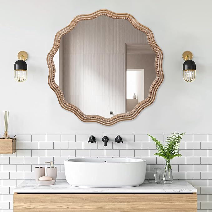 Round Mirror Vanity Mirrors for Bathroom with Wavy Wood & Beaded Frame - Wall Mirrors for Living Room,Entry Mirrors for Wall,Decorative Mirror