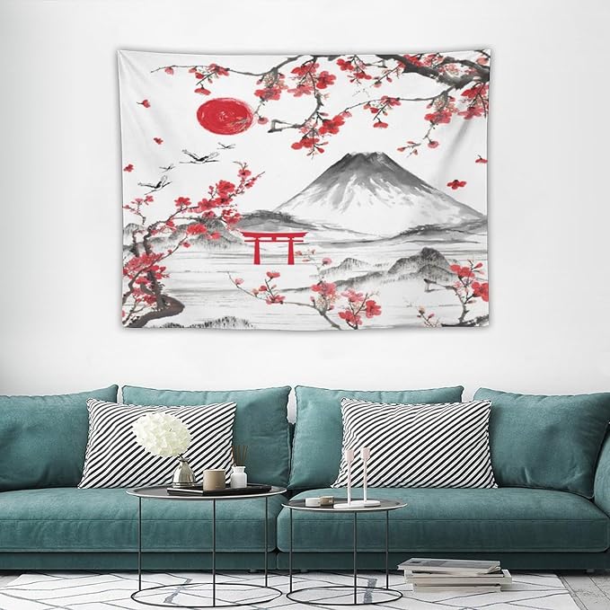 Red Cherry Blossoms Tapestry, Japanese Fuji Mountain Tapestry, Asian Japanese Wall Tapestry, Nature Landscape Tapestries for Bedroom Living Room Decor 40"x30"