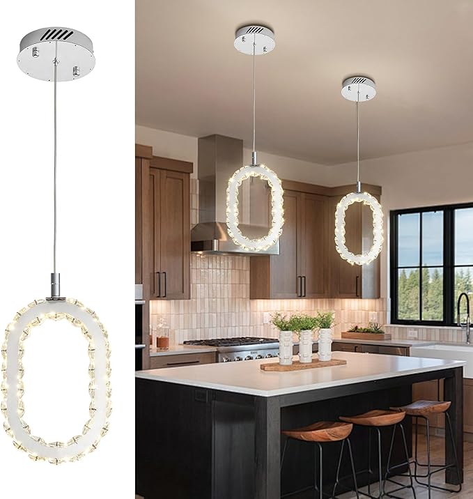 Chrome 1 Ring Pendant Lights Kitchen Island Single Head Crystal Chandeliers Foyer Entrance Modern LED Dimmable Chandeliers