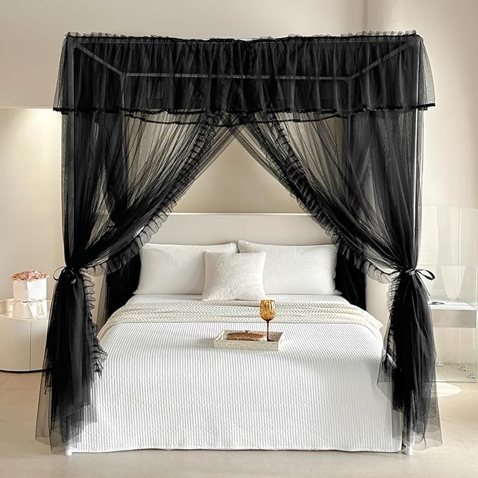 AIKASY 4 Corners Post Ruffle Princess Bed Canopy Curtain - Double Layer Cozy Drape Netting with 4 Openings - Elegant Mosquito Net for Girls and Adults Bedroom Decoration (Black, Queen)