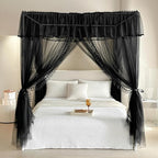 AIKASY 4 Corners Post Ruffle Princess Bed Canopy Curtain - Double Layer Cozy Drape Netting with 4 Openings - Elegant Mosquito Net for Girls and Adults Bedroom Decoration (Black, Queen)