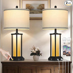 27" Tall Vintage Table Lamp Set of 2 with USB C+A & Outlet,Farmhouse Nightstand Lamp for Living Room,Rustic Retro Bedside Lamps with Red-Orange Glass Night Light for Bedroom Entryway,Black-2