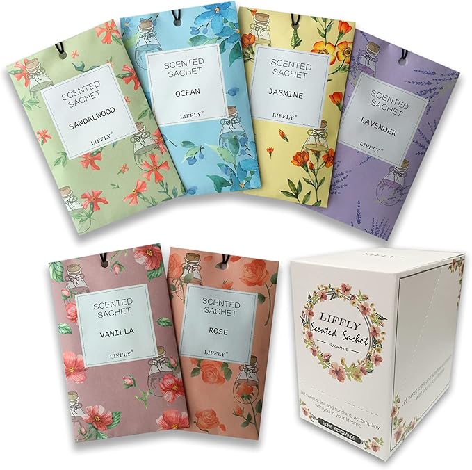 14 Packs Scented Sachets for Drawers and Closets Lavender Rose Jasmine Ocean Vanilla Sandalwood 6 Different Scent Gift Box