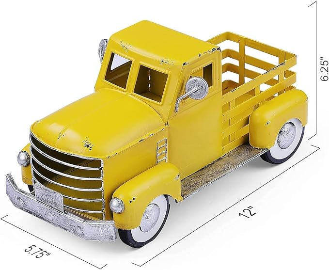 Metal Truck Decor,Farmhouse Truck Decor,Decorative Tabletop Storage & Pick-up Metal Truck Planter,12.5" x 5.75" x 6.25" inches (Yellow)