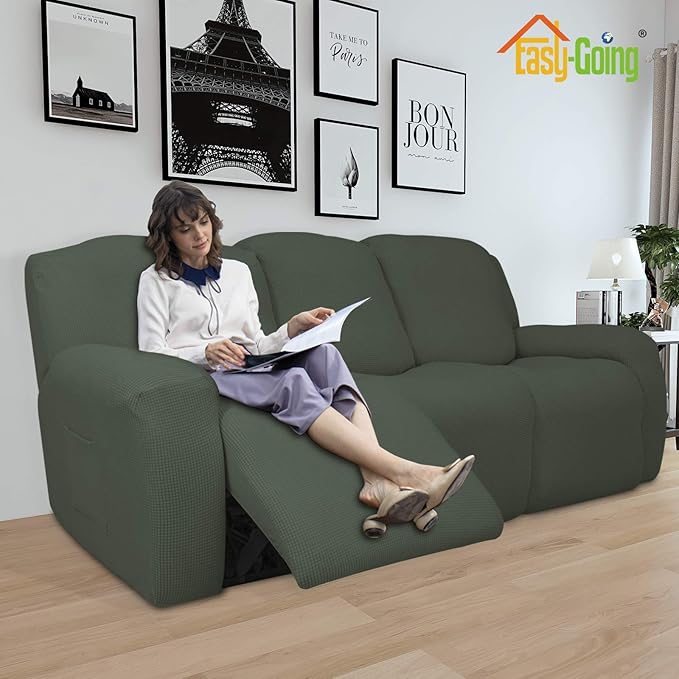 Easy-Going 8 Pieces Recliner Sofa Stretch Sofa Slipcover Sofa Cover Furniture Protector Couch Soft with Elastic Bottom Kids, Spandex Jacquard Fabric Small Checks Olive Green