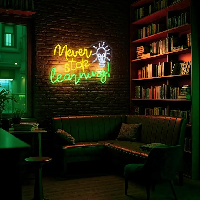 Never Stop Learning Neon Signs for Wall Decor Inspirational Letter Neon Lights Sign USB Powered Dimmable LED Personalized Neon Sign for Office Room, Gym Room, Man Cave, Gamer Room