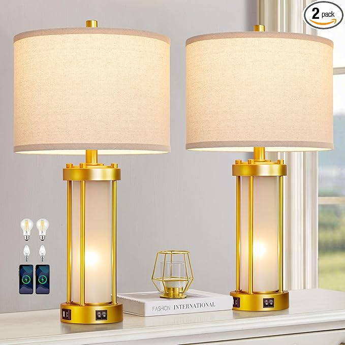 RORIA Modern Table Lamps for Living Room Set of 2, Farmhouse Bedroom Lamps for Nightstands with Dual USB Ports, Gold Bedside Lamps with White Frosted Glass Nightlight, 4 Bulbs Includes (Gold)