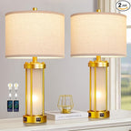 RORIA Modern Table Lamps for Living Room Set of 2, Farmhouse Bedroom Lamps for Nightstands with Dual USB Ports, Gold Bedside Lamps with White Frosted Glass Nightlight, 4 Bulbs Includes (Gold)