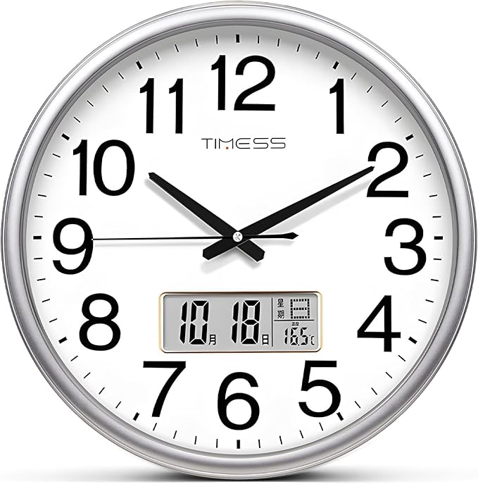 Wall Clock, 16 Inch Non-Ticking Silent Battery Operated Quartz Analog with LCD Display for Perpetual Calendar and F° Temperature, Ideal Modern Home, Bedroom, Kitchen, Office Décor (Sliver)