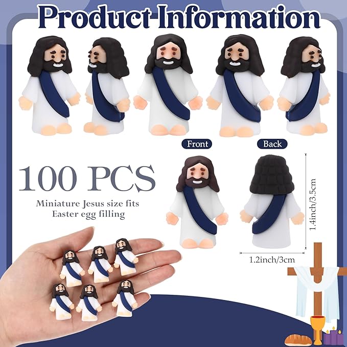Bememo 100 Pcs Jesus Toys Original Design Mini Rubber Little Jesus Figurine to Hide and Seek Religious Party Favors Sunday School Craft Baptism Gifts for Easter Egg Stuffers (Navy Blue)
