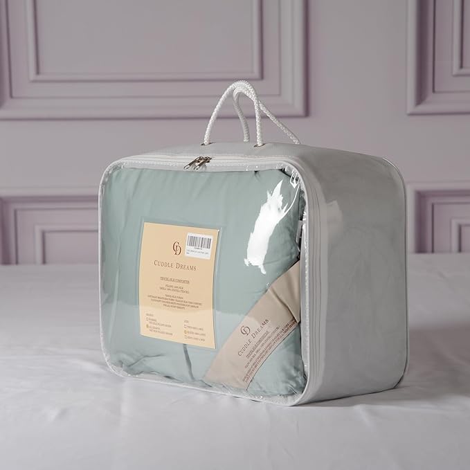 CUDDLE DREAMS Silk Filled Comforter for All Season, Detachable Tencel Duvet Cover for Easy Care, Naturally Breathable (Celadon, King)
