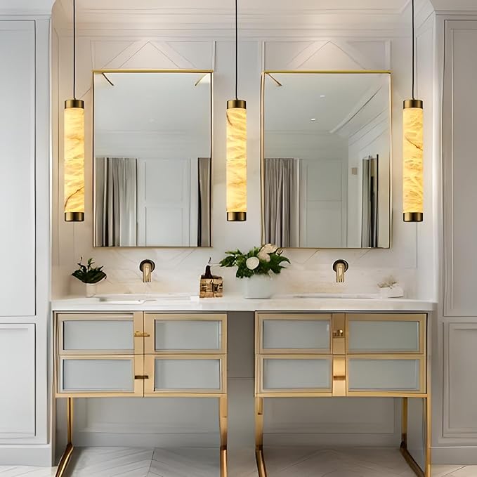 20" Alabaster Pendant Lights, 2PCS Natural Marble Cylinder Brass Pendant Light, Adjustable Modern Ceiling Light Fixtures for Kitchen Island, Dining Room, Bedroom, Living Room, Bathroom