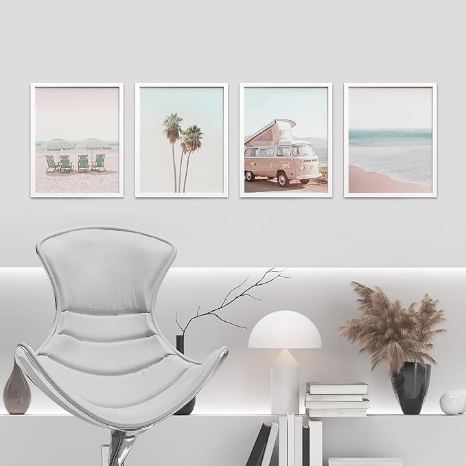 SIGNWIN Framed Collage Print Gallery Set 1980s Retro Miami Wall Art, Set of 4 Beach Landscape Wall Decor Prints, Nature Wilderness Wall Décor for Living Room, Bedroom - 12"x16" White