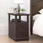 HIFYOBRO Narrow End Table with Flip Top Charging Station Set of 2, Side Table with 2 Drawers, Type-C & USB Port & Power outlets, Wooden Storage Cabinet for Living Room and Bedroom (Espresso)