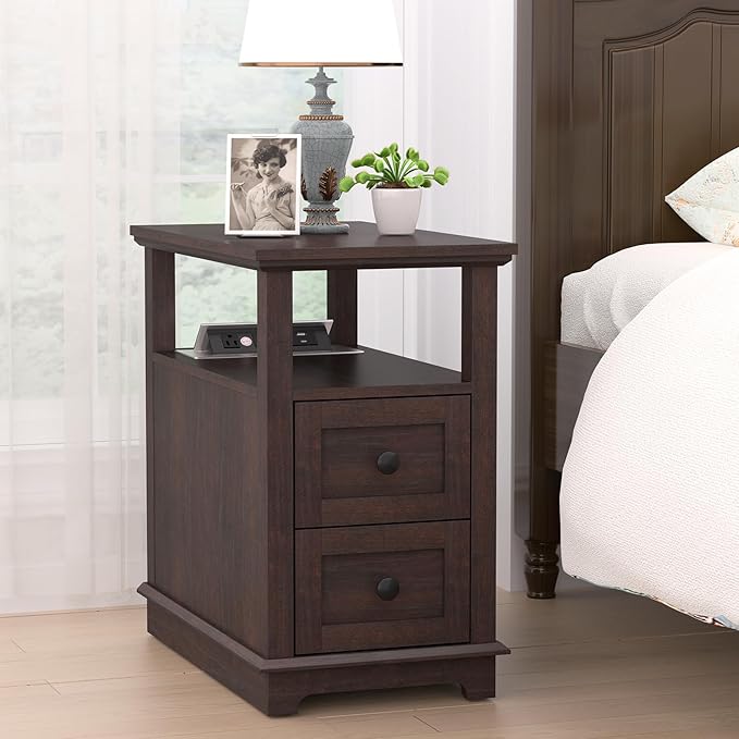 HIFYOBRO Narrow End Table with Flip Top Charging Station Set of 2, Side Table with 2 Drawers, Type-C & USB Port & Power outlets, Wooden Storage Cabinet for Living Room and Bedroom (Espresso)