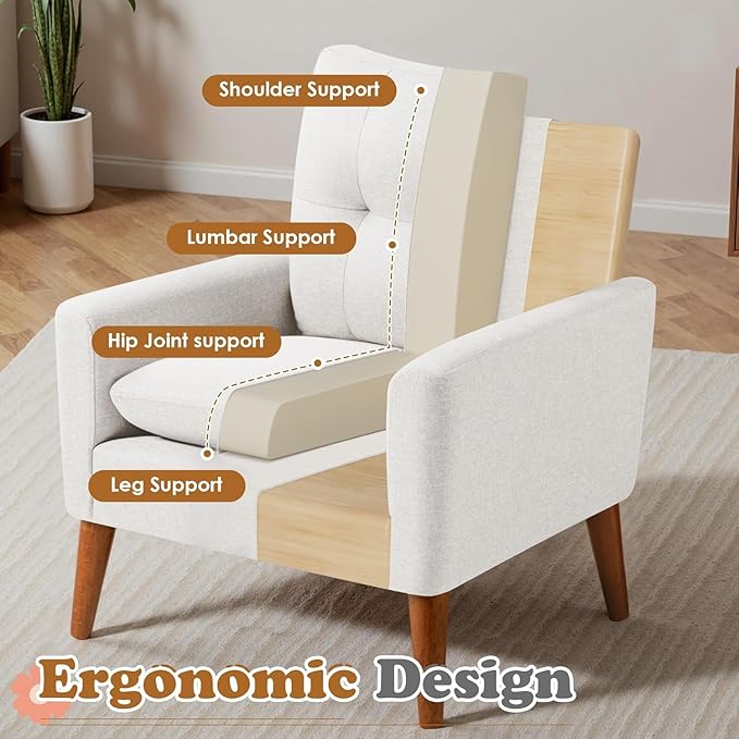 JUMMICO Mid Century Accent Chair, Fabric Modern Reading Living Room Chair, Fluffy Comfy Armchair Small Sofa Chair with Wood Legs for Bedroom Office Cafe, Set of 1 (Pure White)