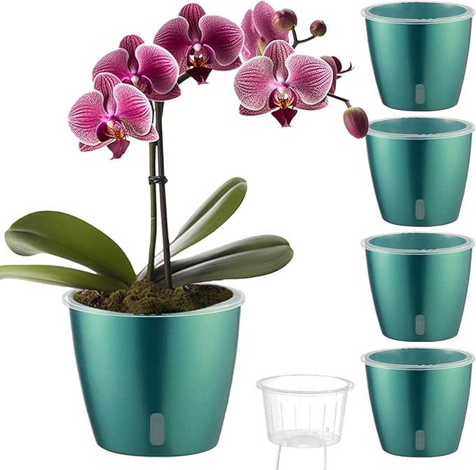 Self Watering Pots for Indoor Plants, 4-Pack 6.7'' Self Watering Planter with Drainage Holes, Small African Violet Pots with Water Indicator, Clear Wick Orchid Pot, Blue Gold