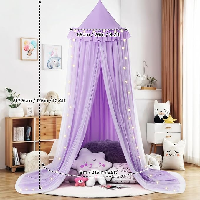 Bed Canopy with Star Lights, Double Layer Bed Canopy for Girls, Princess Canopy Bed Curtain for Twin Bed, Breathable Kids Dreamy Play Tent Castle Reading Nook, Machine Washable, 26''x125'' - Pruple