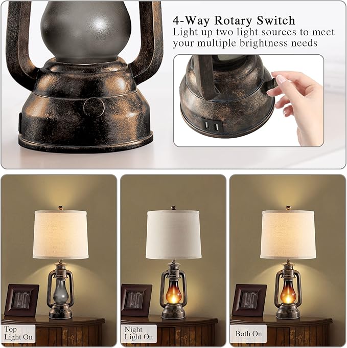 Farmhouse Rustic Table Lamps for Bedroom Set of 2, Vintage Lantern Lamp with Dual USB Charging Ports,25" Retro Antique Bedside Nightstand Desk Lamp for Living Room End Table Entryway, 4 Bulb Included