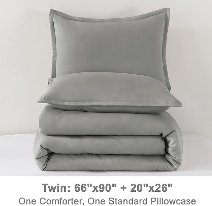 Litanika Comforters Grey Twin/Twin XL Size, 2 Pieces Lightweight Solid Bedding Set & Collections, All Season Fluffy Bed Set (66x90In Comforter & 1 Pillowcase)