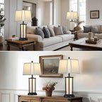 27" Tall Vintage Table Lamp Set of 2 with USB C+A & Outlet,Black Industrial End Table Lamp for Living Room,Farmhouse Rustic Bedside Lamps with Bell Lampshades for Bedroom Nightstand,Black