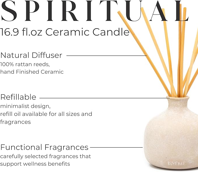 BLUEME Spiritual-Palo Santo & Vetiver, 16.91 Fl Oz Wellness Diffuser, Contains Essential Oil, Sustainable, Hand Finished, Premium, Luxury Ceramic, Natural Rattan Reeds