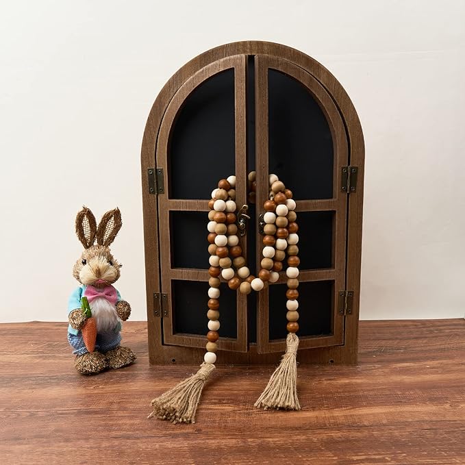 OMISHE 59in Wood Bead Garland with Tassels, Wooden Beads Garland, Decorative Beads Garland Decor, Farmhouse Beads Garland for Wall Hanging Home Festival Decor, Brown and Beige