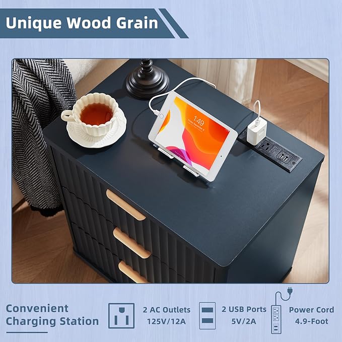 LEYAOYAO Fluted Nightstand with Charging Station, 23" Modern Night Stand with Woodgrain Top, 3 Drawers End Table w/Storage, Bedside Tables for Bedroom, Living Room, Curved Profile Design, Blue