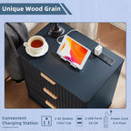 LEYAOYAO Fluted Nightstand Set of 2 with Charging Station,23" Modern Nightstand with Woodgrain Top, 3 Drawer End Table w/Storage, BedsideTables for Bedroom, Living Room, Curved Profile,Blue